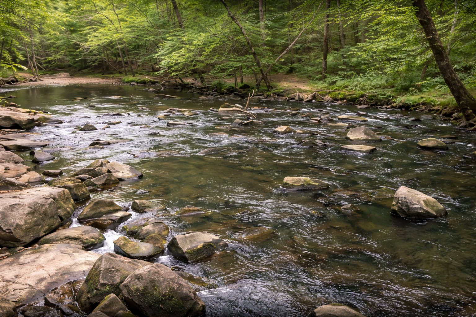 Rocky creek flowing through lush forest at Umstead State Park