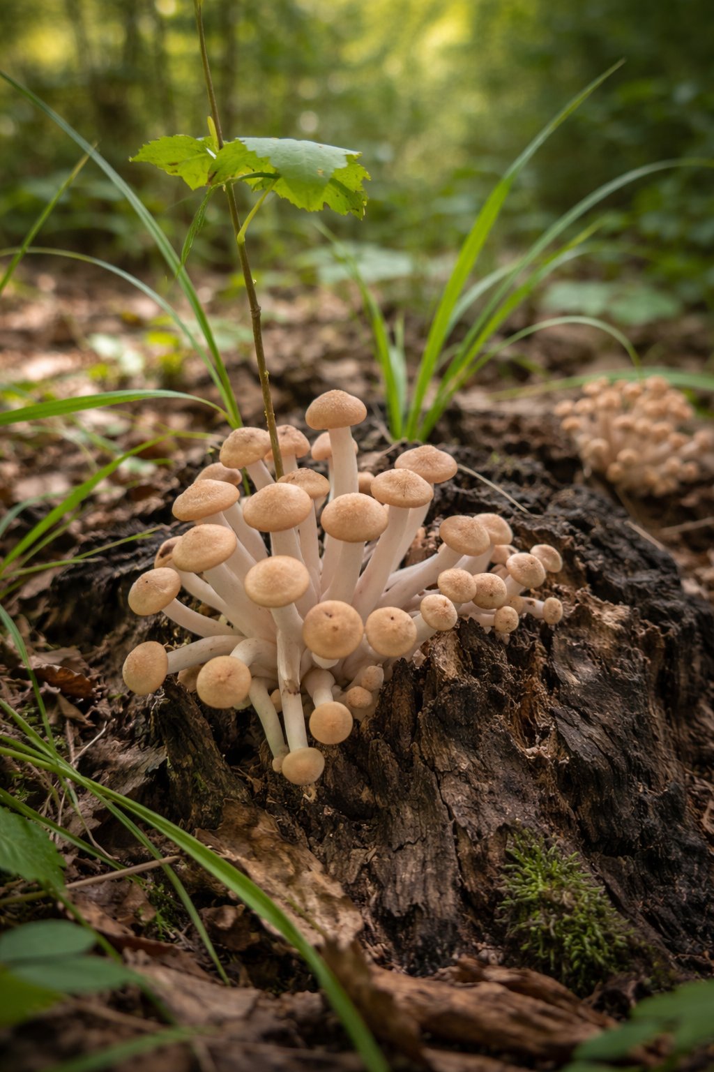 Mushrooms growing on a forest stump at Umstead State Park