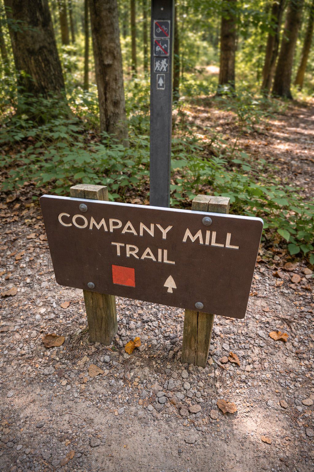 Company Mill Trail sign at the trailhead entrance, Umstead State Park